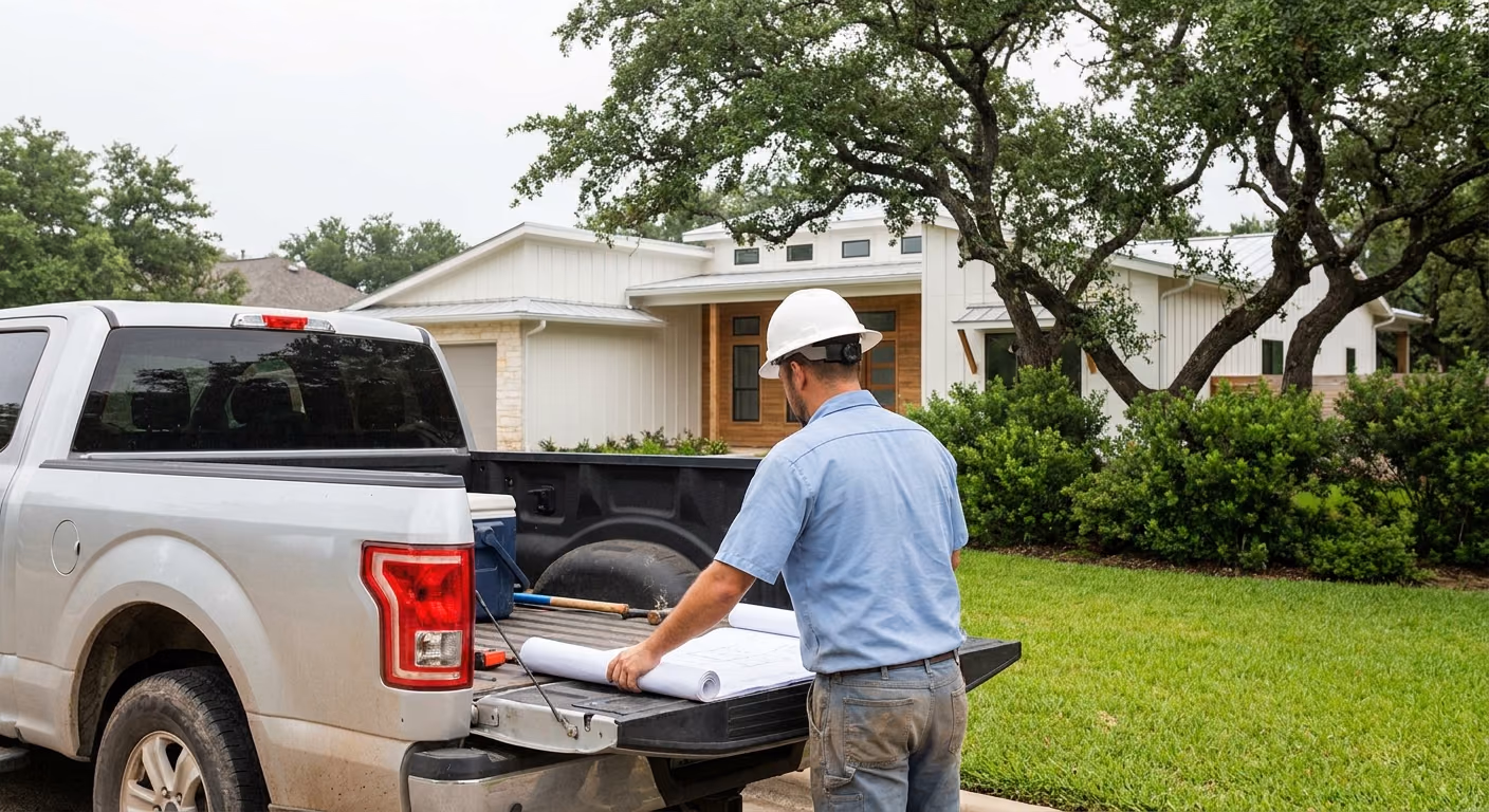 Engineer reviewing a sealed foundation repair plan at a Houston job site