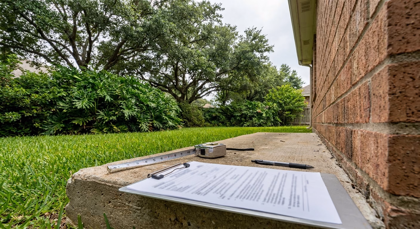 Written foundation repair estimate on a clipboard beside a Houston home's slab edge